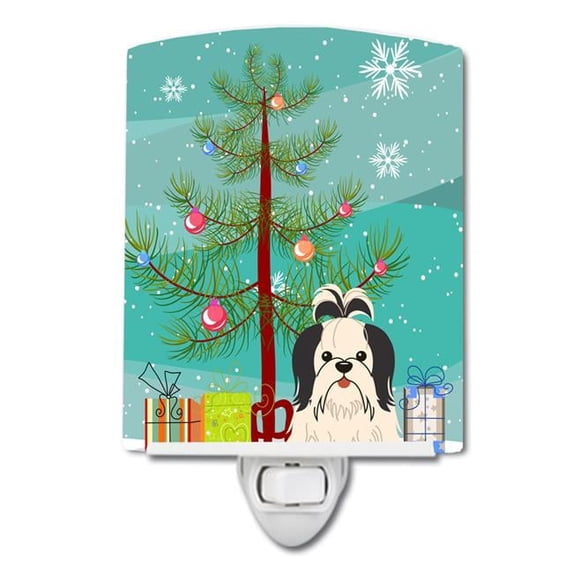 Caroline's Treasures BB4213CNL Merry Christmas Tree Shih Tzu Black White Ceramic Night Light, 6x4x3", multicolor