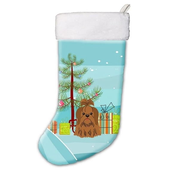 Merry Christmas Tree Shih Tzu Silver & Chocolate Christmas Stocking - Silver & Chocolate - 18in. H x 0.25in. W x 11in. L