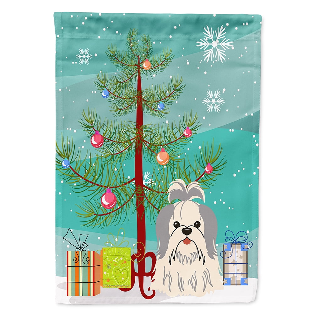 Merry Christmas Tree Shih Tzu Silver White Flag Canvas House Size