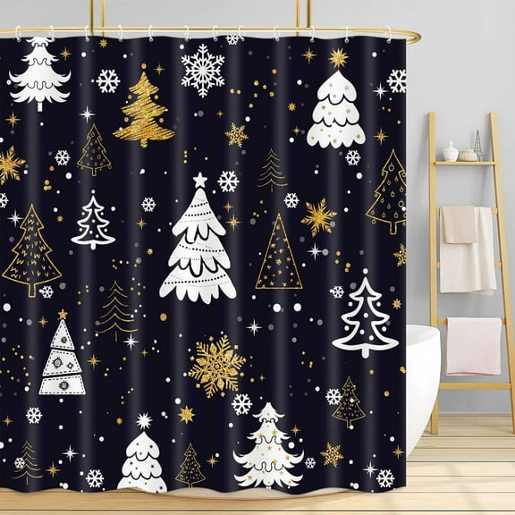 Merry Christmas Tree Shower Curtain, Black White Chrisrmas Tree Pine Snowflakes Pattern Winter Bath Shower Curtain Set with Hooks for Xmas Holiday Decorations,72x72in
