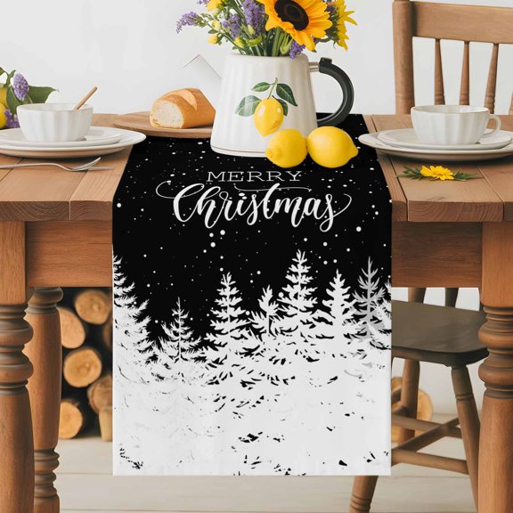 Merry Christmas Tree Silhouette Table Runner 36 Inches Long, Winter Falling Snow Black White Table Runners Tabletop Scarf Kitchen Dining Tables Decoration for Home Party Indoor Outdoor