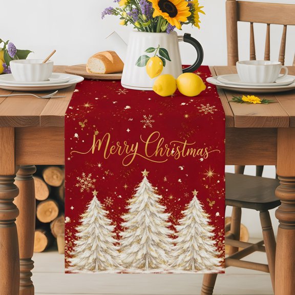 Merry Christmas Tree Sketch Star Table Runner 36 Inches Long, Winter Gold Snowflake on Red Table Runners Tabletop Scarf Kitchen Dining Tables Decoration for Home Party Indoor Outdoor