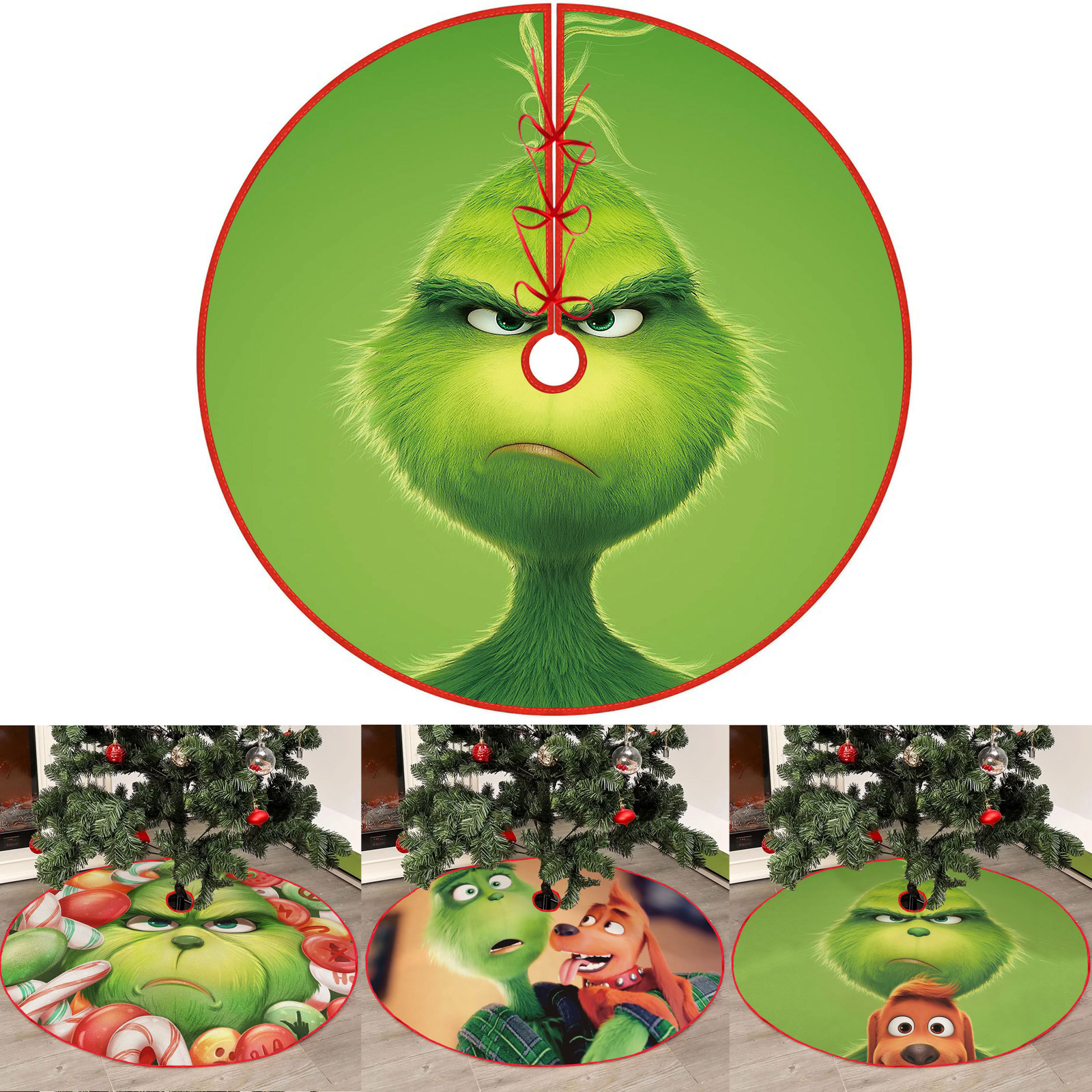 Merry Christmas Tree Skirt 36 Inches, Xmas Laceup Red Green Grinch