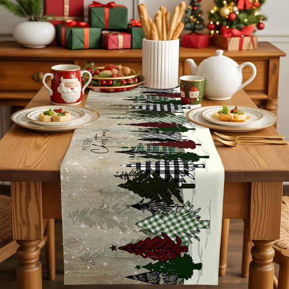 Merry Christmas Tree Snowflakes Table Runner 13x90in Non-Slip Cotton Linen Table Runners, Green Lattice Vintage Back Dresser Scarves TableRunner for Dinner Kitchen Dining Wedding Party