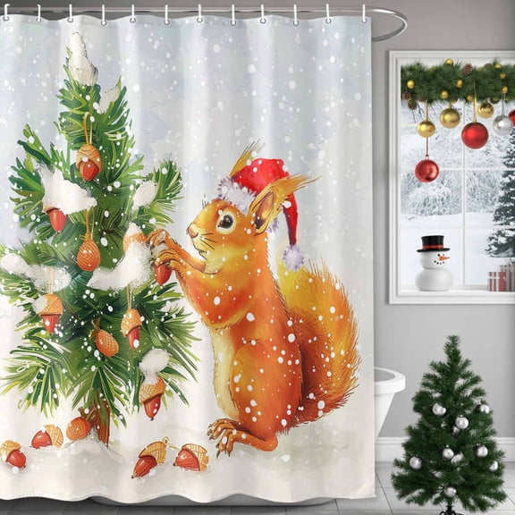 Merry Christmas Tree Squirrel Hazelnut Shower Curtain for Bathroom, Pine Tree Winter Snowy Scene Waterproof Shower Curtains Washable Quick Dry with Hooks Bathtub Curtains 60x72IN