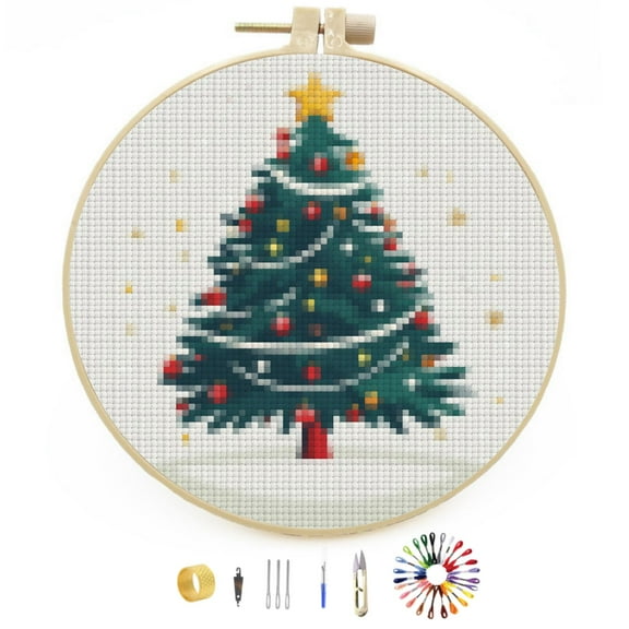 Merry Christmas Tree Stamped Cross Stitch Kits for Beginners with Hoop Simple Patterns 11CT Counted Embroidery Needlepoint Crafts Arts for DIY Enthusiasts and Home Decor 26x26cm(5)