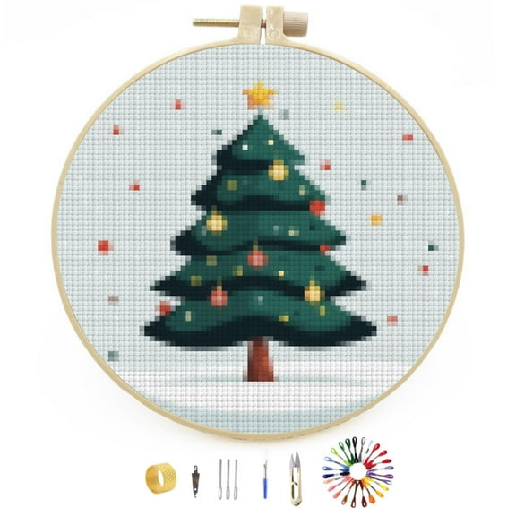 Merry Christmas Tree Stamped Cross Stitch Kits for Beginners with Hoop Simple Patterns 11CT Counted Embroidery Needlepoint Crafts Arts for DIY Enthusiasts and Home Decor 26x26cm(1)