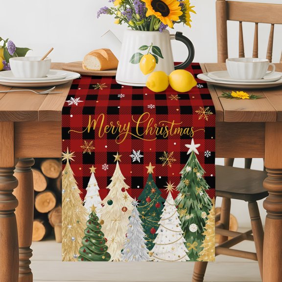 Merry Christmas Tree Star Bell Table Runner 36 Inches Long, Red Black Buffalo Plaid Table Runners Tabletop Scarf Kitchen Dining Tables Decoration for Home Party Indoor Outdoor