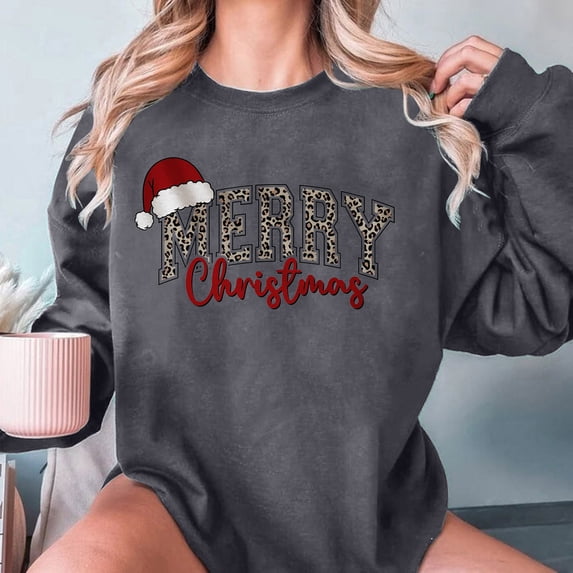 Merry Christmas Tree Sweatshirts for Women Graphic Crewneck Oversized Sweater Cotton Tops Printed Long Sleeve (X-Large, Dark Gray 05)