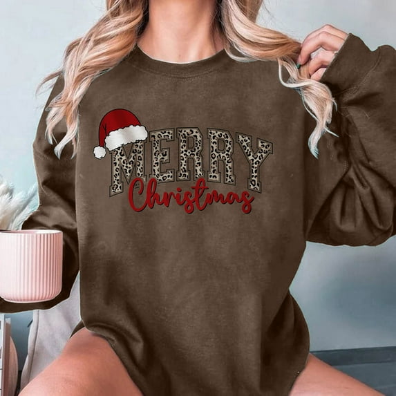 Merry Christmas Tree Sweatshirts for Women Graphic Crewneck Oversized Sweater Cotton Tops Printed Long Sleeve (XX-Large, Khaki 03)