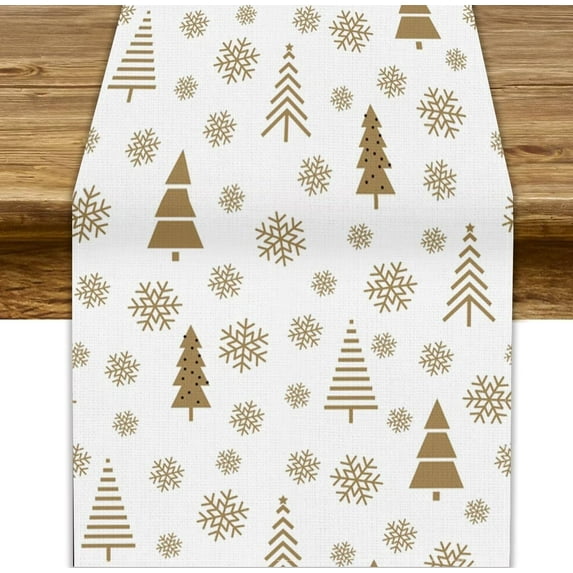 Merry Christmas Tree Table Runner, Golden Snowflake Winter Seasonal Holiday Decor for Indoor Outdoor Dining Table Decorations 13x70in