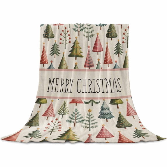 Merry Christmas Tree Throw Flannel Blanket 32x48In Vintage Green Pink Trees Abstract Winter Super Soft Cozy Bed Blanket, Lightweight Plush Fuzzy Bed Throw for Bedroom Sofa Couch Living Room
