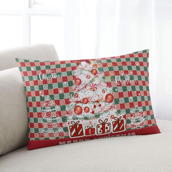 Merry Christmas Tree Throw Pillow Cover, Red Green Checkered Rectangle Decorative Pillow Case Protector Soft Cushion Cover Lumbar Pillowcase for Couch Sofa Bedroom Car Chair Decor 24x36 Inch