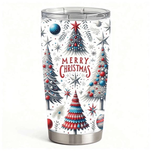 Merry Christmas Tree Travel Mug, Stainless Steel Insulated Coffee Cups, Holiday Gift Tumbler for Women & Family