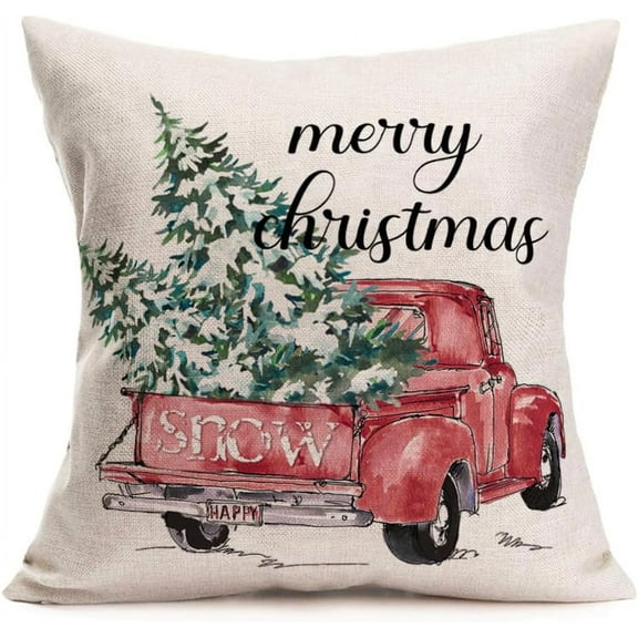 Merry Christmas Tree Truck Pillow Covers 18x18 Farmhouse Christmas Decorations Throw Pillows Red Pickup with Green Pine Tree Winter Snow Holiday Outdoor Cushion Case for Couch Sofa