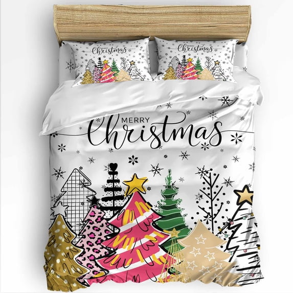 Merry Christmas Tree Twin Size Comforter Set, Graffiti Pink Tree Abstract Snowflake Soft Bedding for All Seasons, 4 Pcs Bed Set with 1 Comforter (68"x86") ,1Sheet(66"x116"), 2 Pillowcases (19"x29")