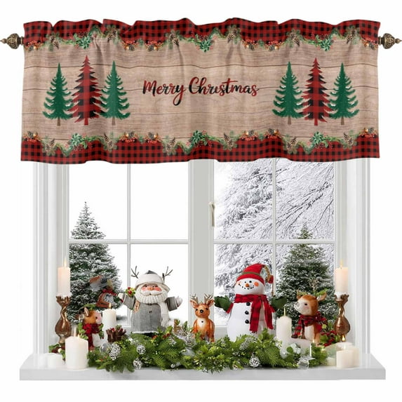 Merry Christmas Tree Valances for Windows, 42 x 18in, Red Plaid Xmas Garland Wood Grain Rod Pocket Kitchen Valance Curtain Light Filtering Window Treatments for Living Room Bedroom, 1 Panel