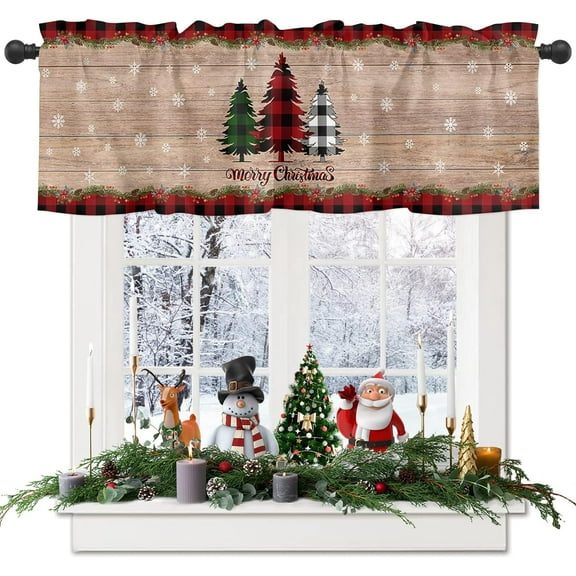 Merry Christmas Tree Valances Windows Curtain Farm Xmas Tree Kitchen Valances Rod Pocket Snowflake Red Black Buffalo Plaid Check Short Topper Curtains Winter Holiday Christmas Decor 1 Panel,54x18in