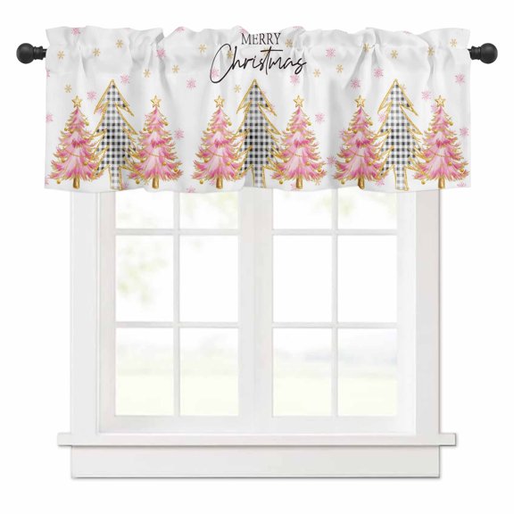 Merry Christmas Tree Valances for Windows Pink Trees Snowflake Winter Watercolor Rod Pocket Curtain Valance Window Treatment Short Curtains for Kitchen Living Room, 58"x16"