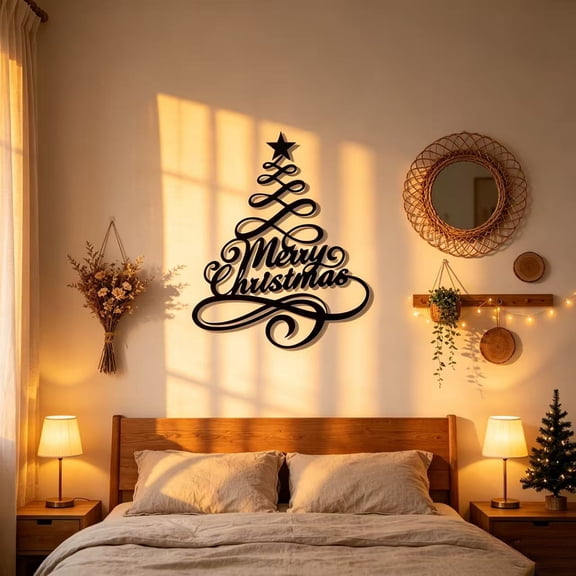 Merry Christmas Tree Wall Sign, Cursive Letter Christmas Tree Shape Metal Wall Hanging Plaque for Indoor Farmhouse Xmas Wall Decor