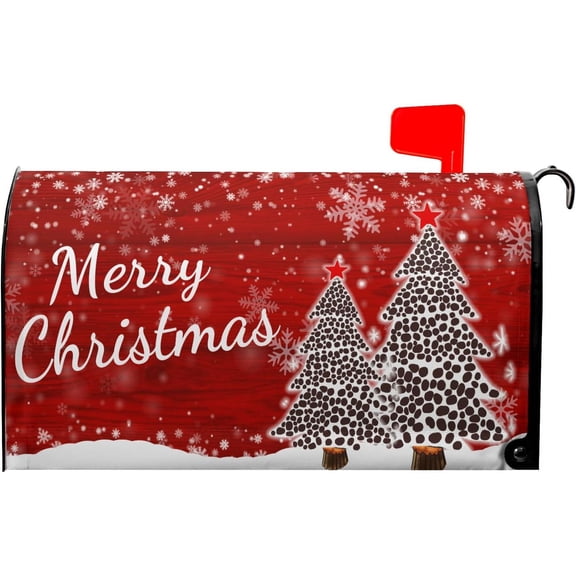 Merry Christmas Tree Winter Snowflake Pine Mailbox Covers Magnetic Standard Size 18"" X 21"",White Snow Red Mailbox Wraps Post Letter Box Cover for Holiday Garden Yard Decor