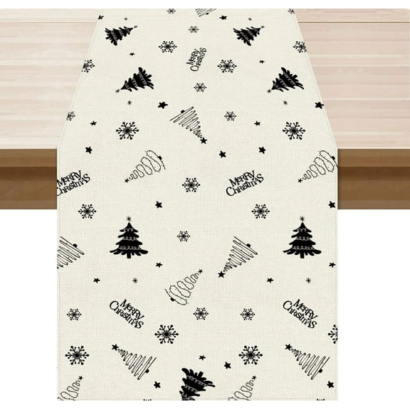 Merry Christmas Tree Winter Xmas Cloth Table Runner Burlap Table Decoration for Home Kitchen Dining Dinner Indoor Holiday Farmhouse Decor 13x36 Inch