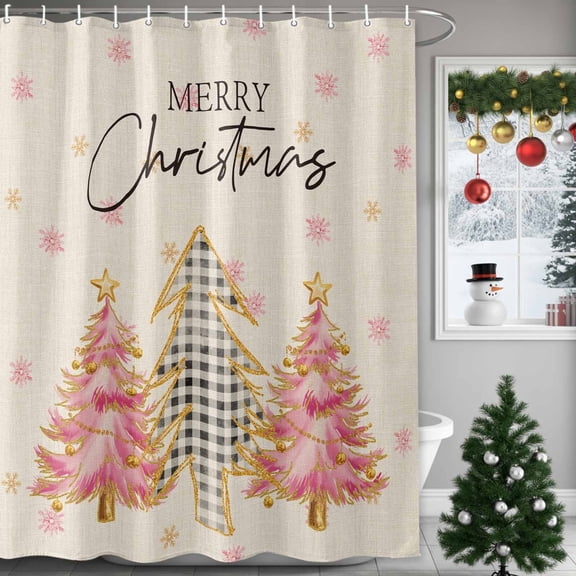 Shower Curtains Sets for Bathroom Decor Merry Christmas Tree on Retro Linen Waterproof Bathroom Curtain with Hooks, Beige Pink for Bathroom Decor,60x72IN