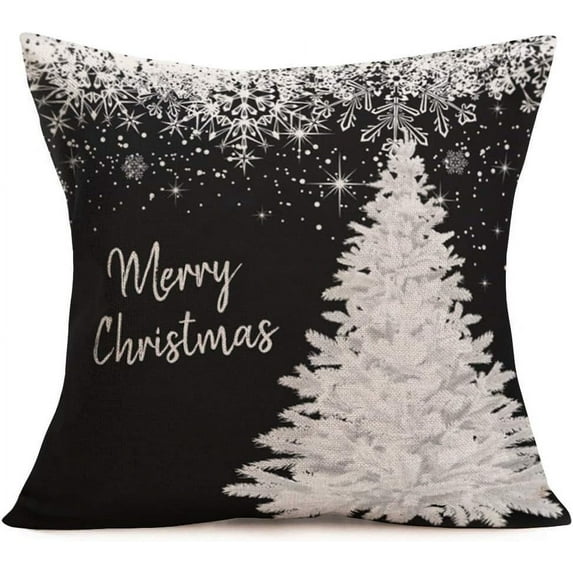 Merry Christmas Trees Black White Snowflake Throw Pillow Covers Winter Xmas Square Decorative Pillow Cases Cushion Cover Outdoor Decorations Sofa Cotton Linen 18x18 Inch(AH 20)