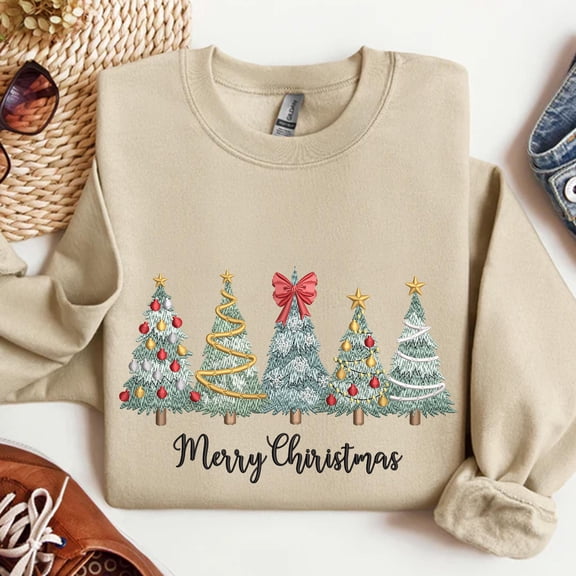 Merry Christmas Trees Embroidered Sweatshirt, Merry Trees Embroidered Shirt, Winter Festive Season Gift, Christmas Gift