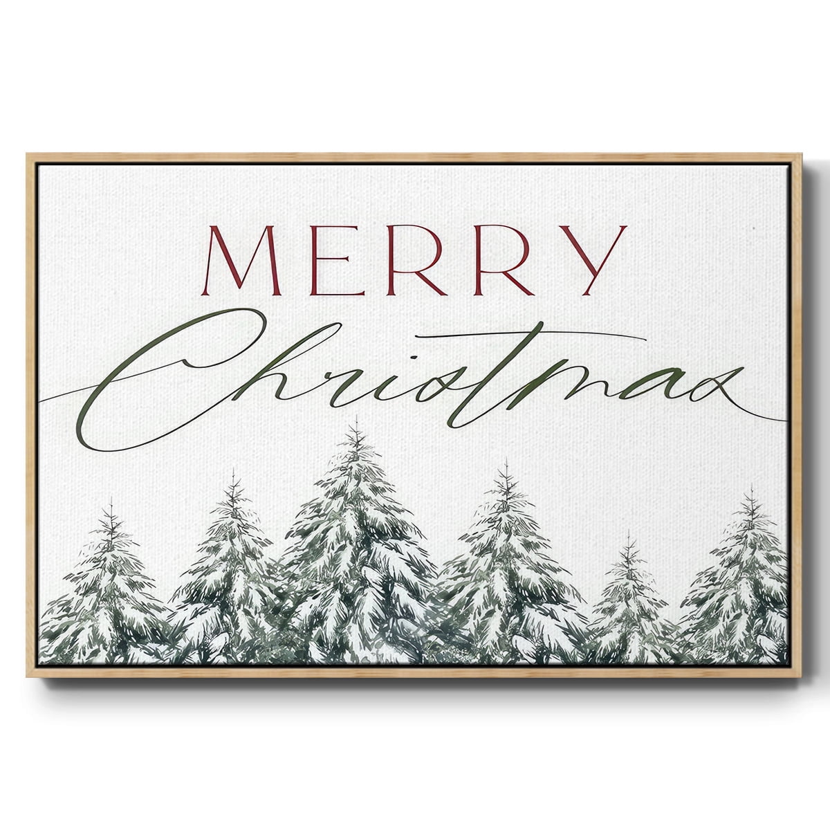 Merry Christmas Trees - Framed Gallery Wrapped Holiday Canvas - 27 x 41 - Natural Wood Frame
