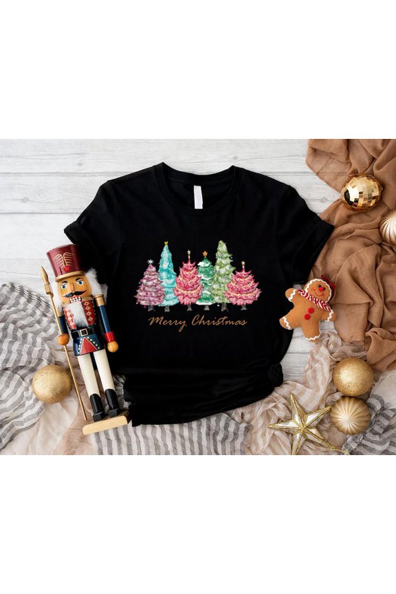 Merry Christmas Trees Shirt, Ladies Christmas Shirt, Colorful Christmas Trees, Cute Holiday Gift, Christmas Nature Shirt, Winter Trees Shirt