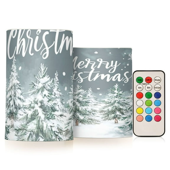 Merry Christmas Trees Snow Flickering Flameless Candles Battery Operated with Remote Timer LED Pillar Candles Set of 2