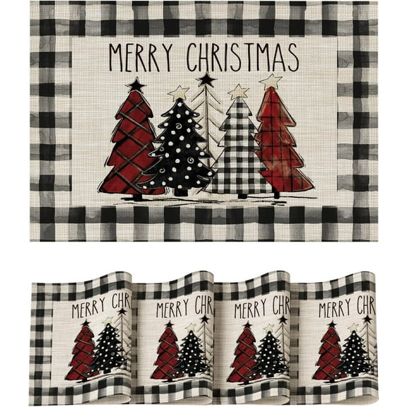 Merry Christmas Trees Vinyl Placemats Set of 4, 12x18 Inch Black Buffalo Plaid Washable Heat Resistant Plastic Woven Table Mats for Party Dining Decor