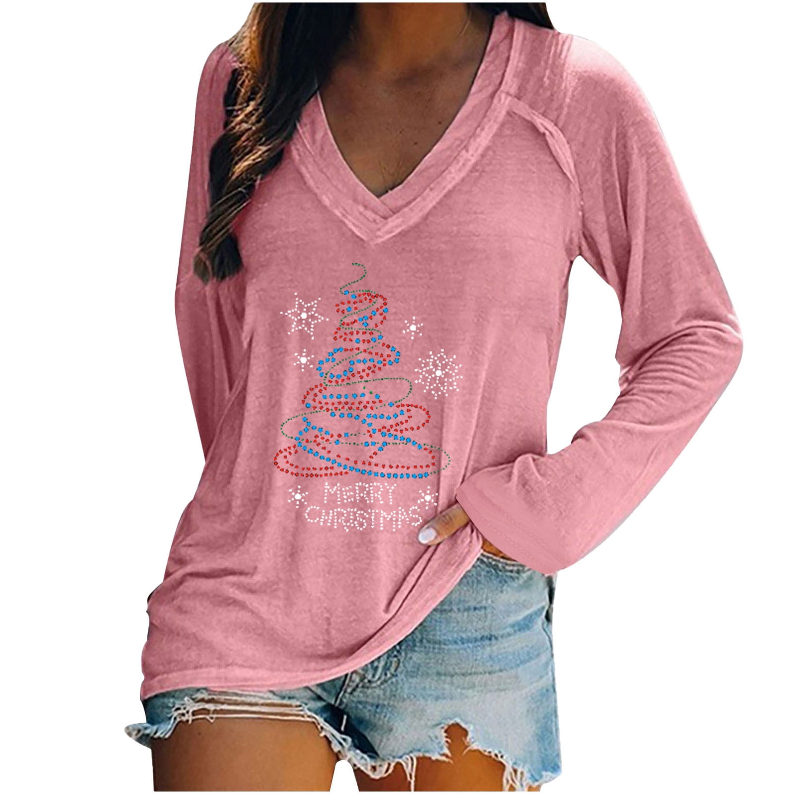 Czhjs Merry Christmas Trendy Western Tops for Ladies V-Neck Pullover Long Sleeve T Shirts Plus Size Tops Womens Fall Fashion Letter Print Sweatshirts