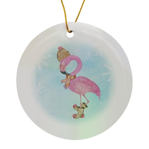 3drose, Merry Christmas-tropical Stranger-flamingo Bird in Winter on Blue, Circle Porcelain Ornament