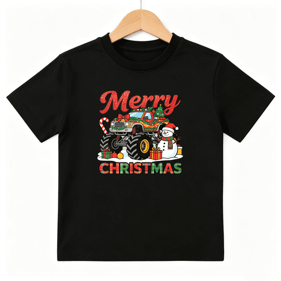 Merry Christmas Truck Boys Graphic Tee, Cool Monster Truck Snowman 100% Cotton Kids Short Sleeve T-Shirt