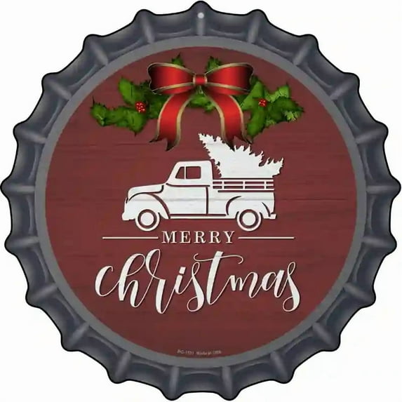 Merry Christmas Truck Red Novelty Metal Bottle Cap Sign 12" Sign (BC)
