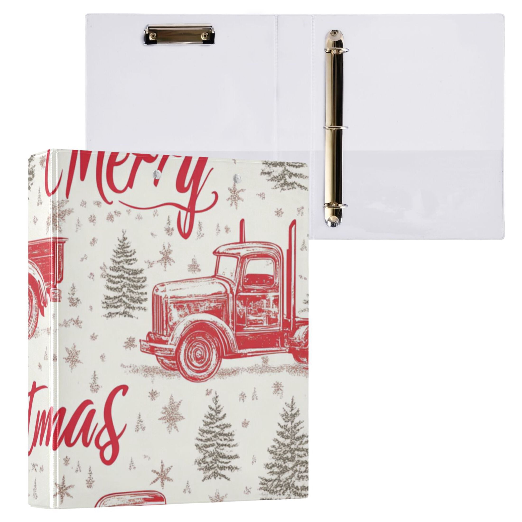 Merry Christmas Trucks 3 Ring Binders 1.5 inch Hardcover File Folders with Interior Pockets A4 Size Organizer for School Office Hospital
