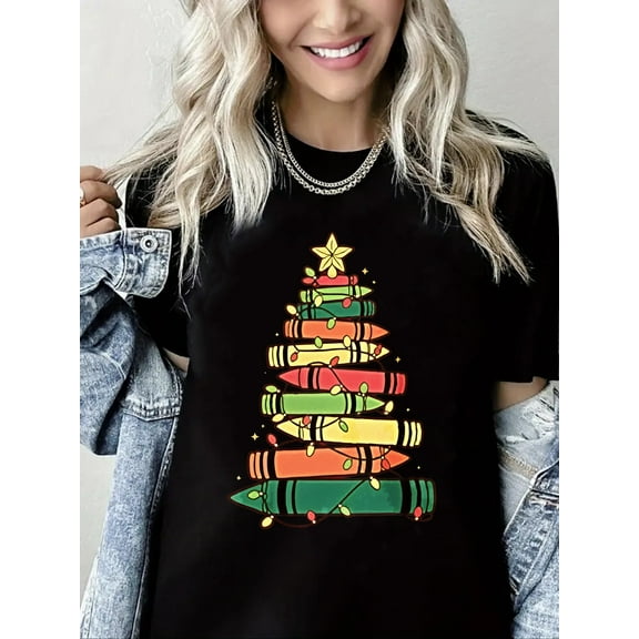 Merry Christmas Tshirt Book Christmas Tree Print Short Sleeve Shirt for Women