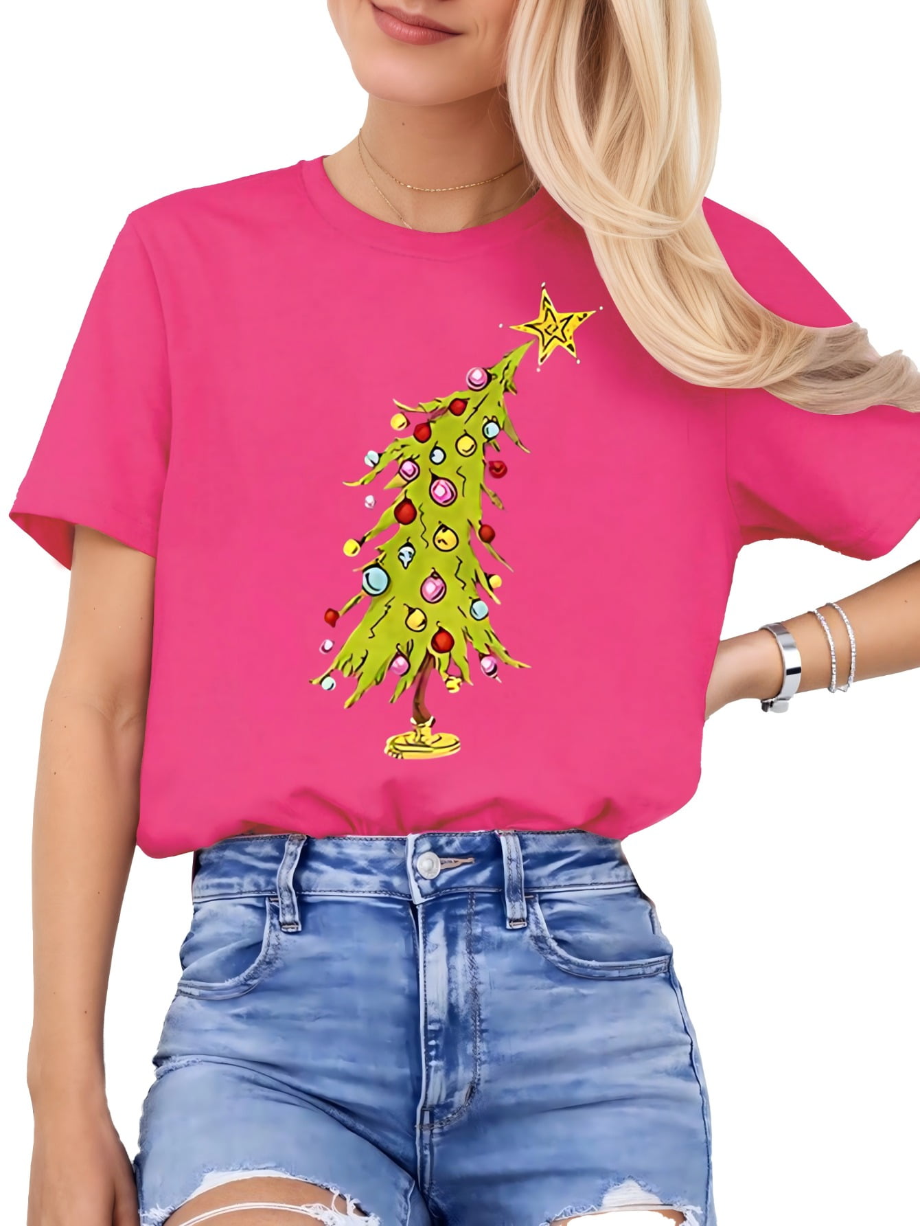 Woman Christmas Tshirt Christmas Tree Graphic Shirt Casual Crewneck ...