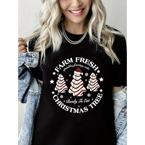 Merry Christmas Tshirt Christmas Tree Print Short Sleeve Shirt for Women