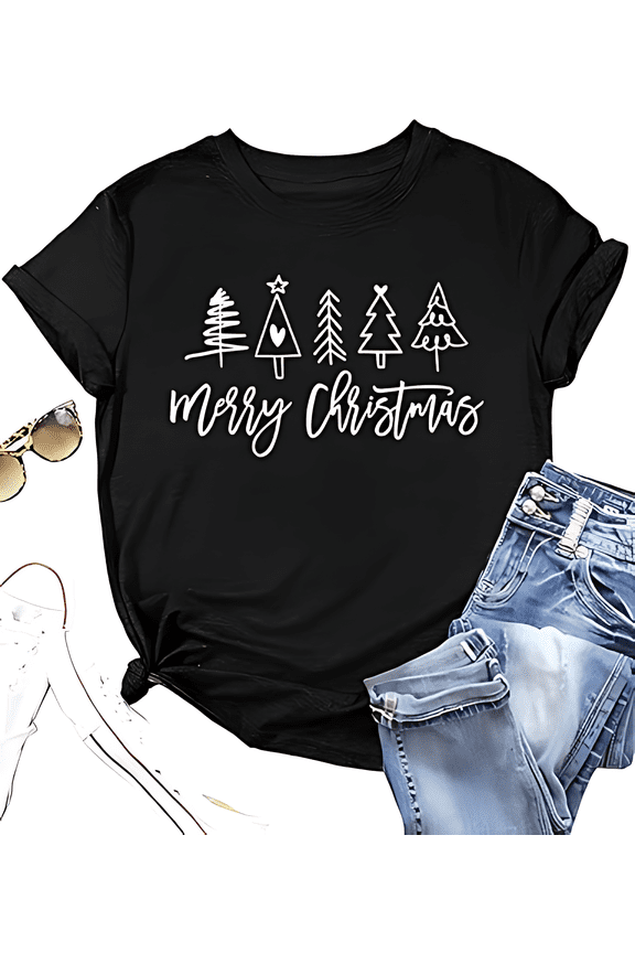 Merry Christmas Tshirt Christmas Trees Print Short Sleeve Shirt for Women