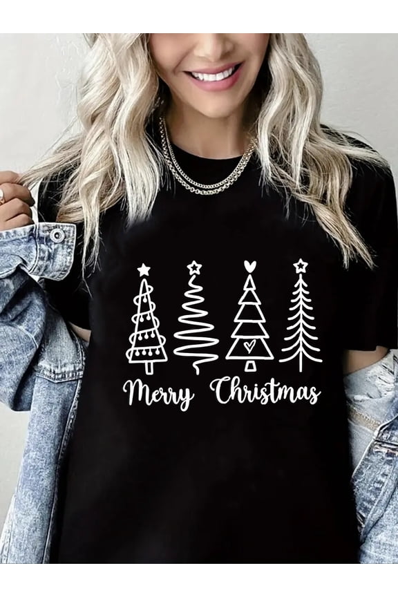 Merry Christmas Tshirt Christmas Trees and Reindeer Print Short Sleeve Shirt for Women