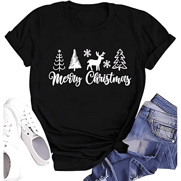 Merry Christmas Tshirt Christmas Trees and Reindeer Print Short Sleeve Shirt for Women