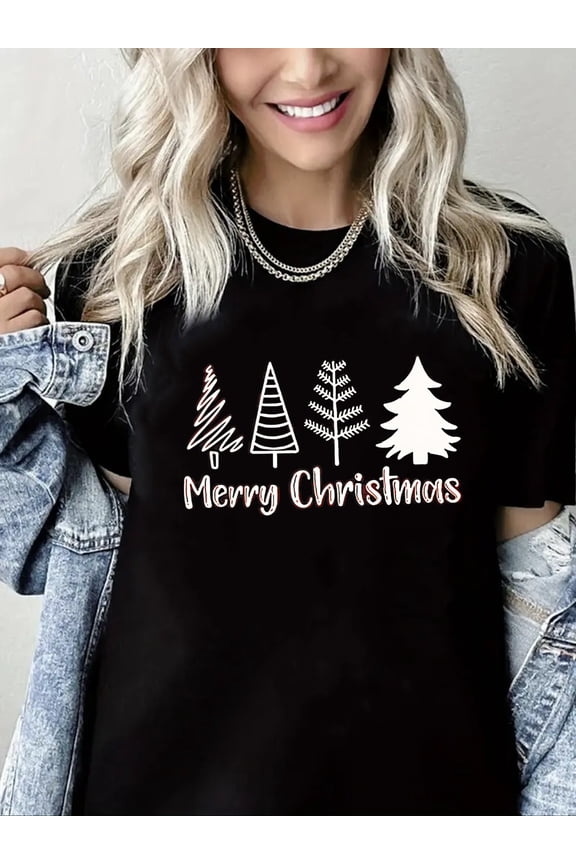 Merry Christmas Tshirt Christmas Trees and Reindeer Print Short Sleeve Shirt for Women