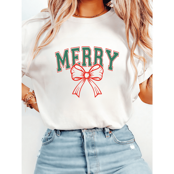 Merry Christmas Tshirts Coquette Bow Graphic Tees Family Matching Christmas Shirts Short Sleeve Casual Tops for Holiday White,L