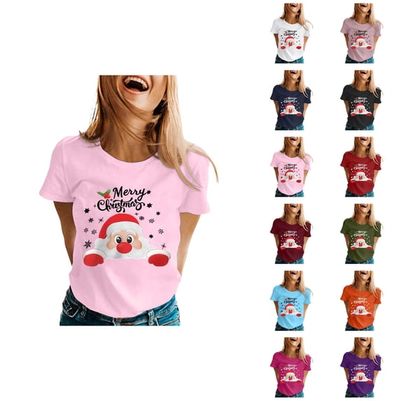 Merry Christmas Tshirts Women Short Sleeve Casual Crewneck Cute Santa Claus Graphic Tees Holiday Party Tops