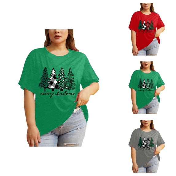 Merry Christmas Tshirts Women Short Sleeve Crewneck Plus Size Tops Xmas Pine Tree Graphic Tee Shirt Holiday Shirts