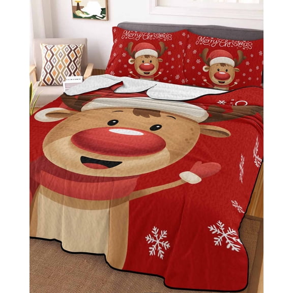 Merry Christmas Twin Size Down Alternative Comforter, Lightweight Comforter Quilt Bedding Set with Pillow Shams Red Winter Xmas Cartoon Deer Snowflake All Seasons Bed Comforter Duvet Insert 68"x86"