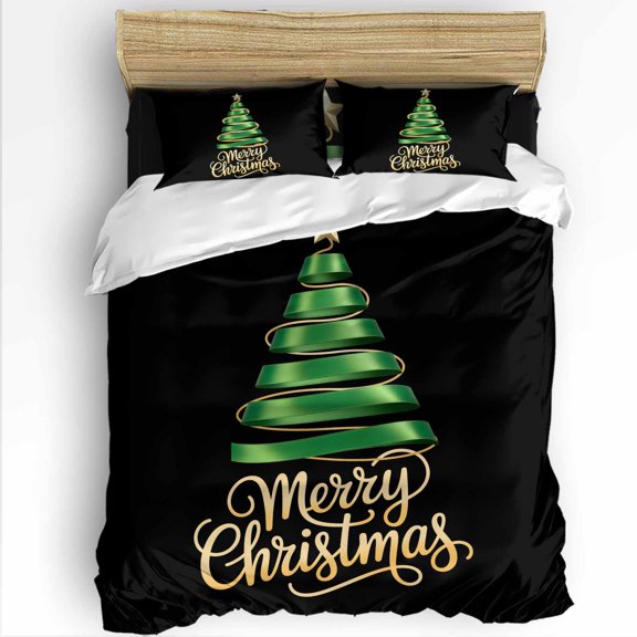 Merry Christmas Twin Size Comforter Set, Abstract Green Gold Xmas Tree Star Modern Soft Bedding for All Seasons, 4 Pcs Bed Set with 1 Comforter (68"x86") ,1Sheet(66"x116"), 2 Pillowcases (19"x29")